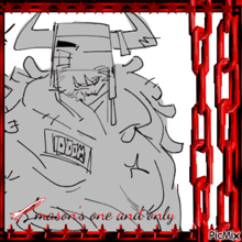 a drawing of a monster with the word doom written on his chest