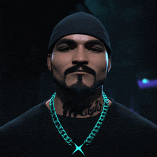 a man with a beard and a tattoo on his neck is wearing a black shirt and a chain around his neck