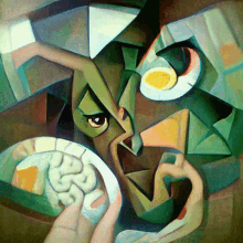 a painting of a man holding a plate with a brain on it