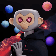 a monkey wearing a black hoodie that says cosmos on it