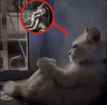 a cat is looking out of a window with a painting of a wolf behind it