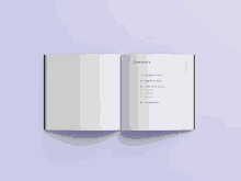 a book is open to the contents page with a purple background