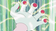 a close up of a cartoon hand with red circles on the fingers