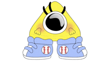 a cartoon drawing of a monster wearing a yellow hat and blue shoes