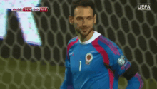 a soccer player wearing a blue jersey with the number 1