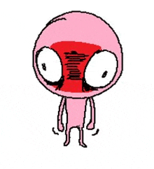 a pixel art drawing of a pink cartoon character with a red mouth and eyes .