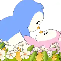 a blue bird kissing a pink bird in a field of white flowers