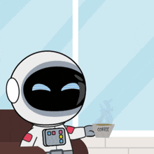 a cartoon of an astronaut holding a cup of coffee with the words good above him