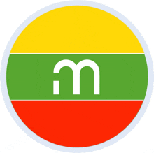 a green yellow and red circle with a white letter m on it