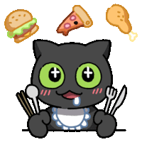 a black cat with green eyes is holding a knife and fork in front of a hamburger and pizza