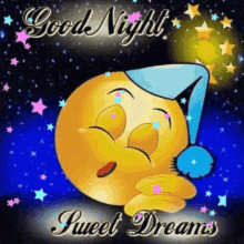 a smiley face wearing a sleep cap is sleeping with the words good night sweet dreams written below it