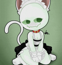 a drawing of a white cat wearing a maid outfit and a red collar