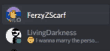 a screenshot of a discord conversation with ferzyzscarf and living darkness