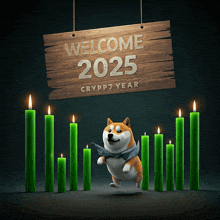 a doge wearing a bow tie stands in front of green candles under a sign that says welcome 2025