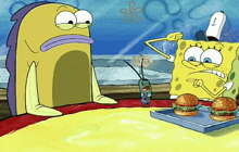 a cartoon of spongebob and a fish with a sign that says " enter "