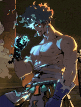a drawing of a man with blue hair and the letter r on his pants