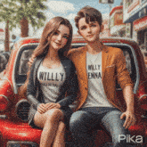 a boy and a girl are sitting on the back of a red car and the girl is wearing a shirt that says willy enna
