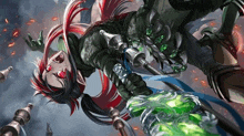 a girl with red hair and red eyes is holding a green sword in her hand .