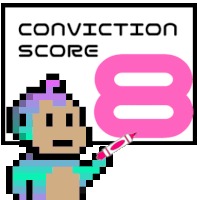 a pixel art of a monkey pointing at a sign that says " conviction score 8 "