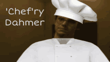 a man wearing a chef 's hat with the name chef ' ry dahmer on the bottom