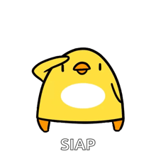 a yellow cartoon chicken is saluting with the word siap written below it .