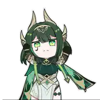 a drawing of a girl with green hair and a triangle on her head