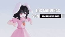 a girl in a pink dress with bunny ears and the words los malvinas son inglesas !!!