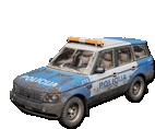 a blue and white police car with a light on top of it is on a white background .