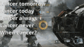 a video game with the words lancer tomorrow lancer today lancer always lancer never when lancer written on it