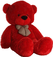 a red teddy bear with a checkered bow on its neck