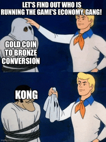 a cartoon of scooby doo talking to a ghost who is tied up with a gold coin to bronze conversion