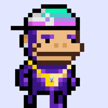 a pixel art of a monkey wearing a purple jumpsuit