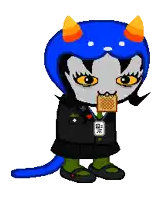 a pixel art drawing of a cat with horns and a badge that says ' id ' on it