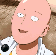 a close up of a cartoon character 's face with a bald head and white eyes .