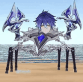 a cartoon character with purple hair is chained to a shield on the beach