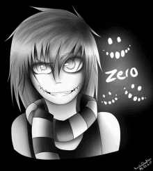 a black and white drawing of a person with the word zero on the bottom right