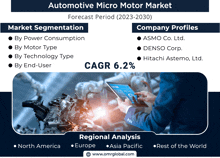 an advertisement for the automotive micro motor market shows a man looking at a tablet