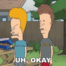 beavis and butthead are standing next to each other with the words uh okay below them