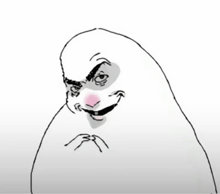 a black and white drawing of a ghost with an angry face and a pink nose .