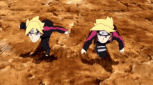 two anime characters are crawling in the dirt and one has the letter g on his head