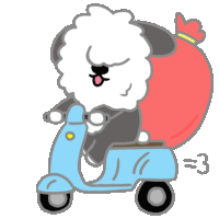 a cartoon dog is riding a blue scooter with a red bag behind it