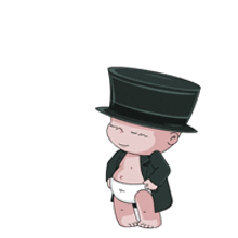 a cartoon baby wearing a top hat and a suit is kicking