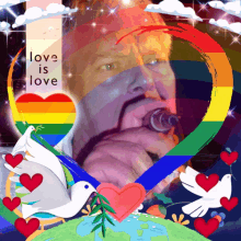 a man holding a microphone in front of a rainbow heart with the words love is love written on it