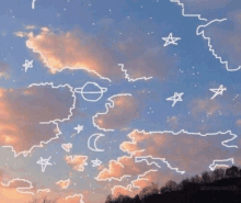 a drawing of clouds and stars in the sky