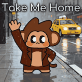 a cartoon monkey says take me home in front of a yellow taxi cab
