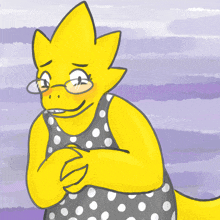 a drawing of a yellow lizard wearing a polka dot dress