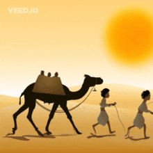 a camel is being pulled by two men in the desert with the words veed.io below it