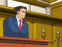 a pixel art of a man in a suit and tie standing at a podium