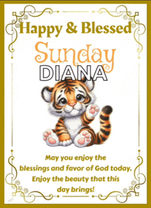 a happy and blessed sunday diana card with a tiger cub on it