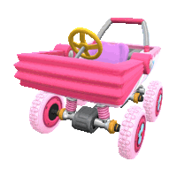 a pink car with a yellow steering wheel and pink wheels